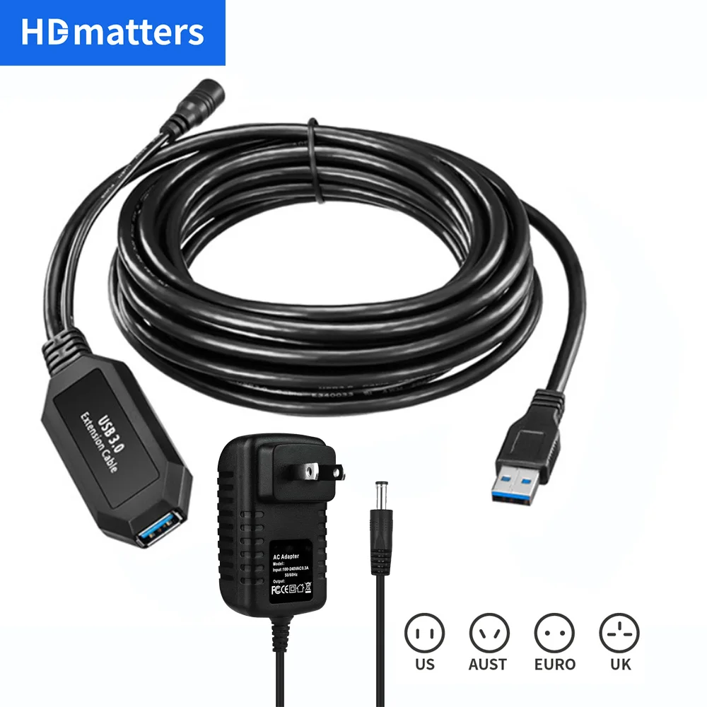 Cable de extensión activo USB 3,0 con amplificador de señal, extensor USB  3,0 de 10M y 5M con alimentación para PC y portátil