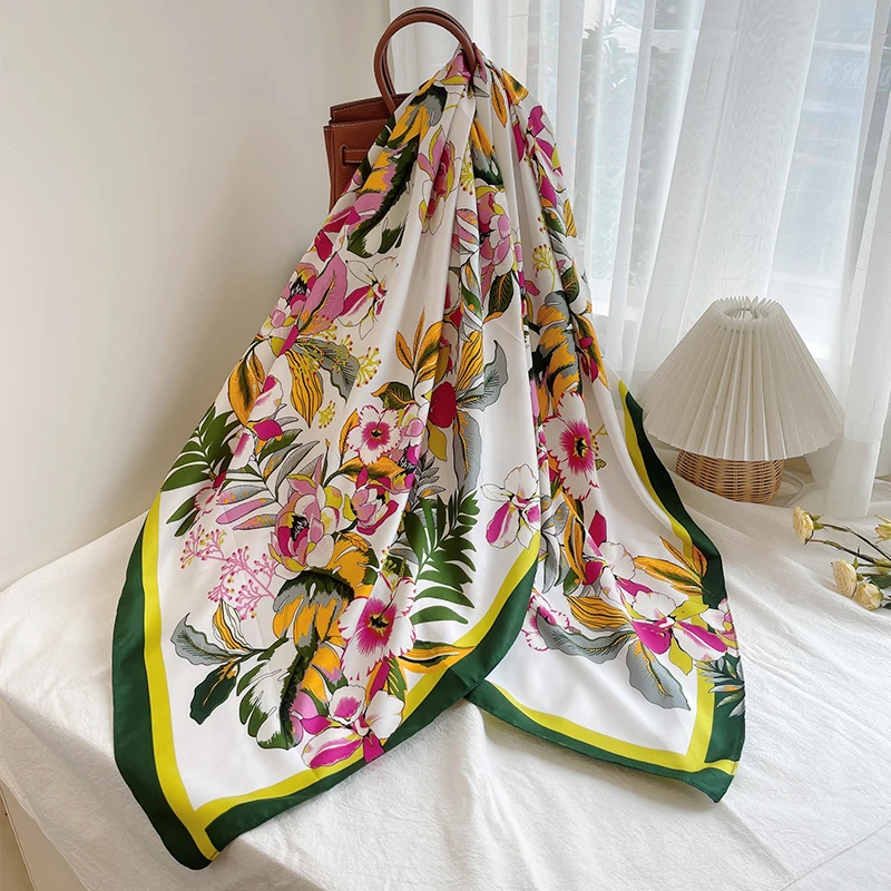 Spring Autumn Fashion Design Travel Shawl Flower Printed Woman Large Size 130cm Square Twill Scarf Muslim Hijab