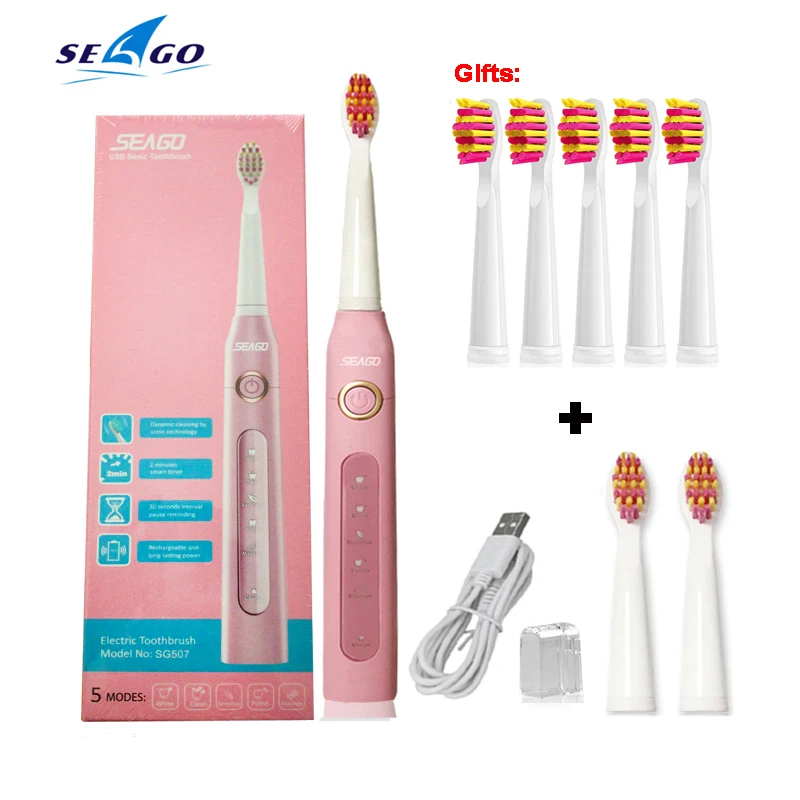 

Seago 507 Adult Sonic Electric Toothbrush 5 Modes Rechargeable Teeth Brush 2 Min Timing Teeth Whitening with 8 Toothbrush Head