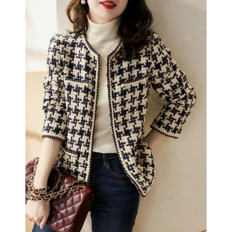 

Elegant Weave Plaid Women Blazer with Pocket and Lining Autumn Winter Causal Tweed Coat Office Ladies Suit Jacket Vintage Tops