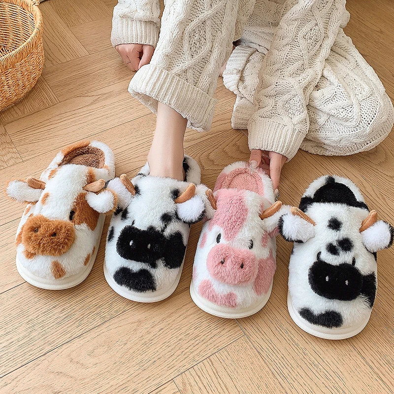 Women Slippers Platform Slippers Warm Slippers Fluffy Slippers Women Home Cow Cartoon Designer Winter Shoes Girls Indoor Cotton Casual Plush Platform Footwear Large Size Warm
