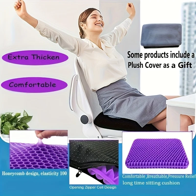1pc Thickened Honeycomb Design Gel Seat Cushion,Breathable, Non-slip, Plush Cover, Suitable for Office Chairs, Cars, Wheelchairs