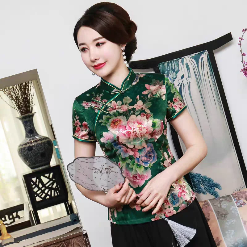 Women Chinese Shirt 3XL-5XL Short Sleeve Cotton Mandarin Collar Print Flower