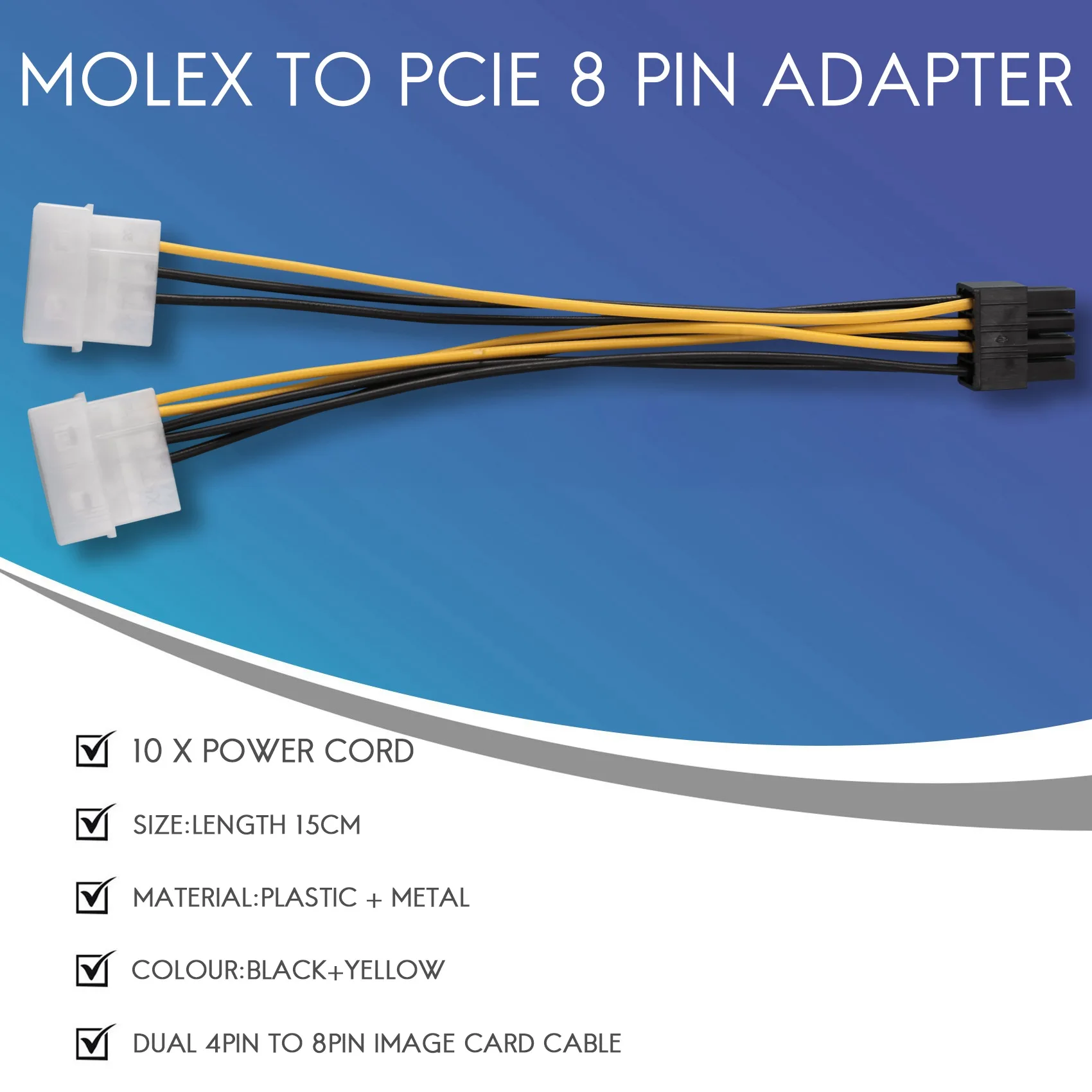 PCI 익스프레스 비디오 카드, Pci-E ATX PSU 전원 컨버터 케이블, Molex-Pcie 8 핀 어댑터 코드, 2 Molex 4 핀-8 핀, 10PCs
