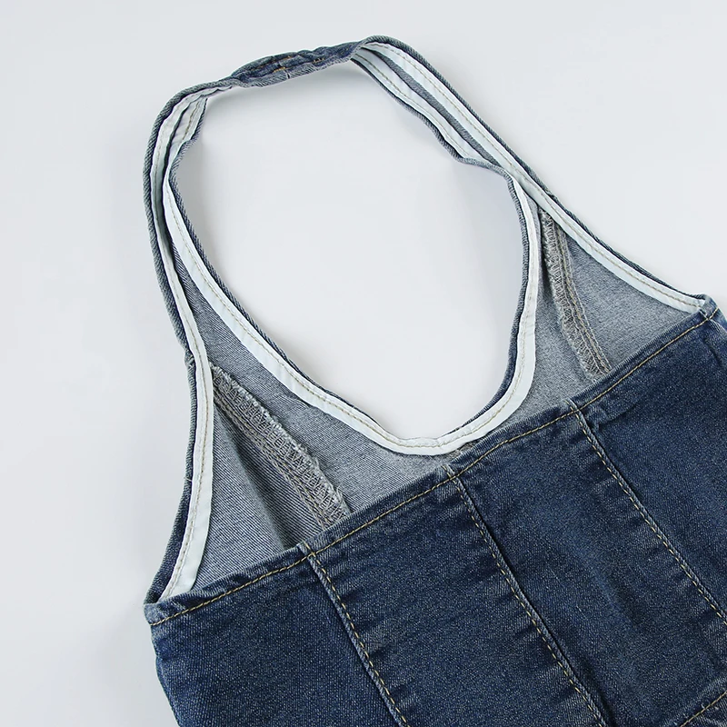Embroidery Butterfly Women Halter Denim Tank Top Fashion Street Y2K Sleeveless Vest Backless Sexy Fitted Cropped Top