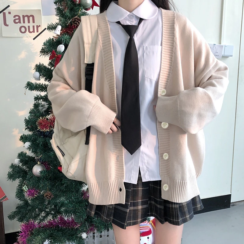 Female Spring Autumn New Junior High School Student Casual Beige Cardigan Sweater JK College Style Suit Pleated Short Skirt