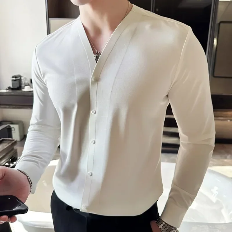 

High-quality Waffle Shirt for Men Long Sleeve V-neck Casual Slim Business Formal Dress Shirts Social Banquet Tops Men Clothing