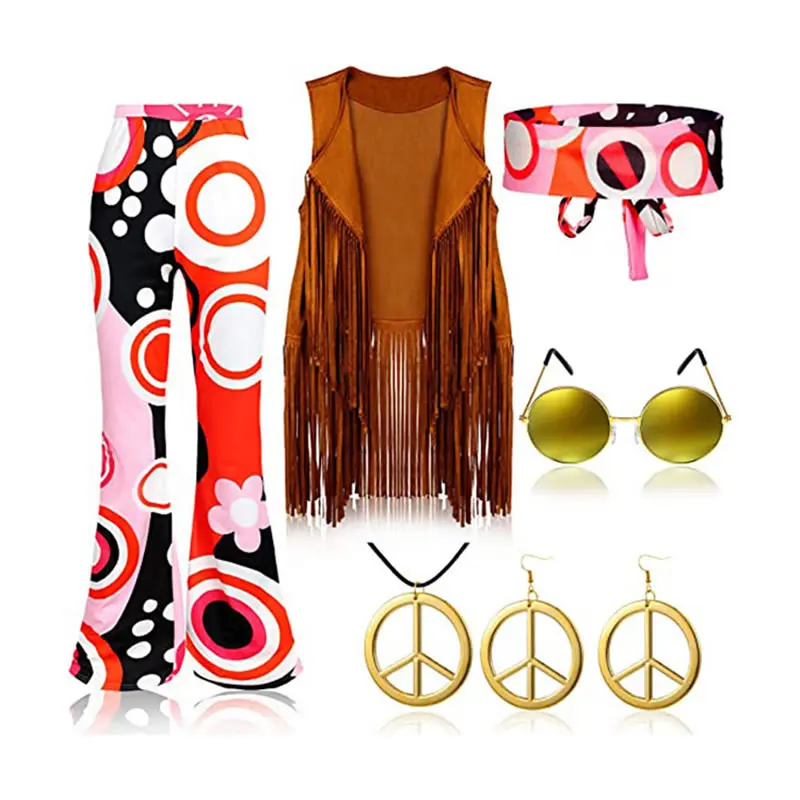 Hippie Kostüm Set Für Damen - 70er Jahre Accessoires Mit Brille, Halskette & Stirnband