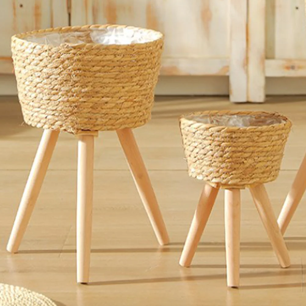 

Wood Woven Plant Pot on Standing Legs Household Planter Pot Basket Wood Flower Basket Weaving Flowerpot Storage Basket