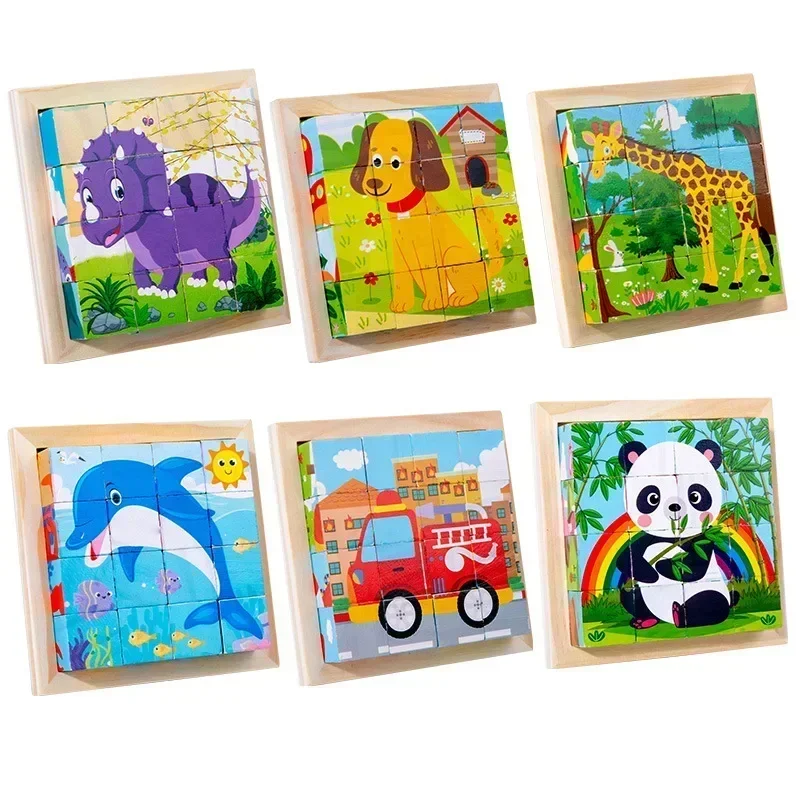 Baby Wooden Blocks Toys Children Six Side Cube Jigsaw Puzzles Game Animal Fruit Traffic Cognize Early Learning Educational Toys 6