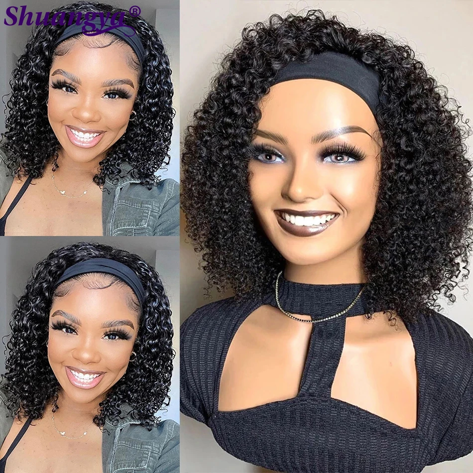 Kinky Curly Headband Wig 100% Human Hair Short Afro Kinky Curly Wig 200 Density Deep Wave Scarf Wig Indian Water Wave Scarf Wigs 2