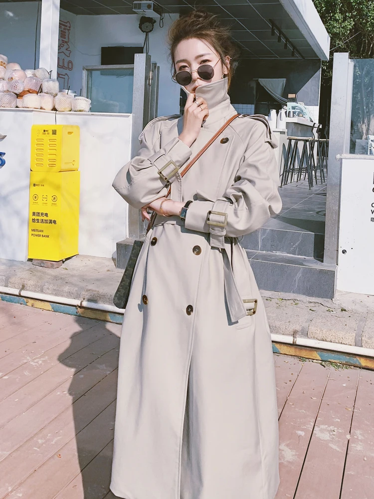 

Fashion England Style Loose Double-Breasted Long Women Trench Coat with Belt Spring Autumn Lady Duster Coat Quality