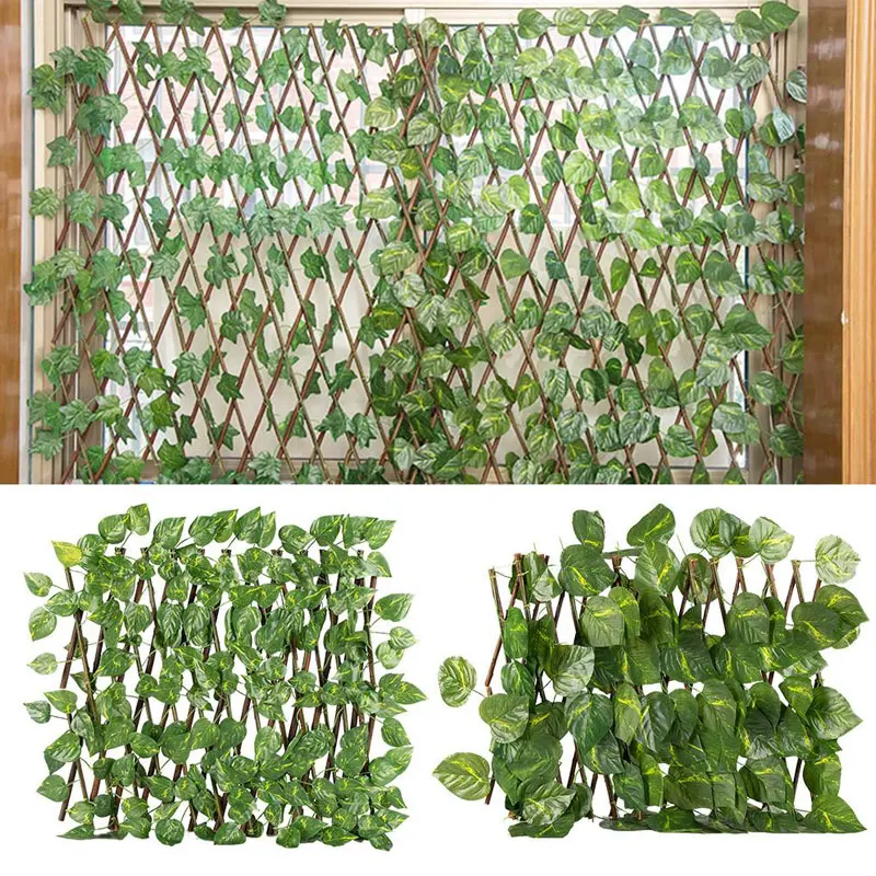 Artificial Garden Fence Retractable Expandable Fake Ivy Privacy Wooden Fence Vines Garden Plant Home Yard Terrace Decorations