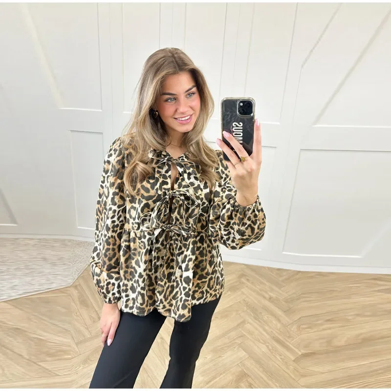 S8ec88f95bb5c41c1ac2582b25363e7b6w Fashion Leopard Print Bow Women Shirts Casual Long Sleeve O-neck Lace Up Blouses Spring Summer Retro Hollow Out Female Top Mallzona