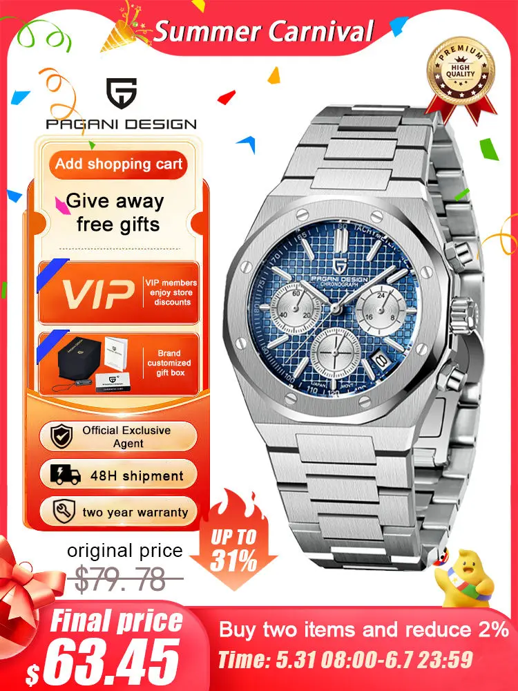 Pagani Design 2024 New VK63 Men's Quartz Watch Luxury Sapphire Stainless Steel 20Bar  Waterproof sports releoj hombre watch for