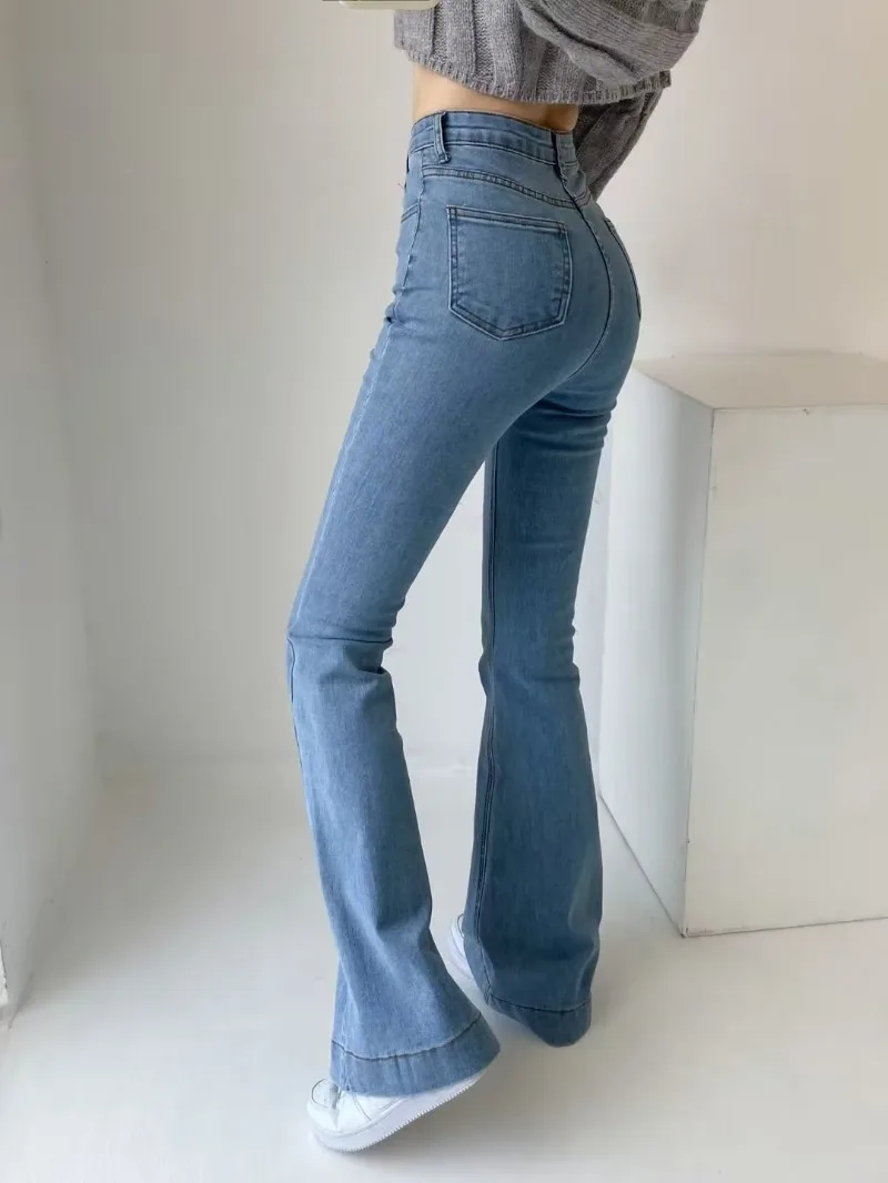 Pantalones vaqueros acampanados de verano para mujer, pantalones vaqueros largos ajustados, pantalones vaqueros elásticos azules de moda Y2K, pantalones vaqueros de cintura alta 2025