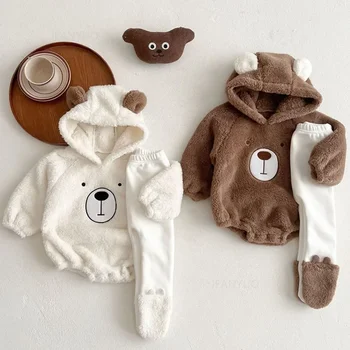 Abbigliamento per bambini Autunno Inverno Simpatico orso cartone animato con cappuccio Vestiti per bambini striscianti Pigiama Set di pantaloni in peluche a doppia faccia caldo 1