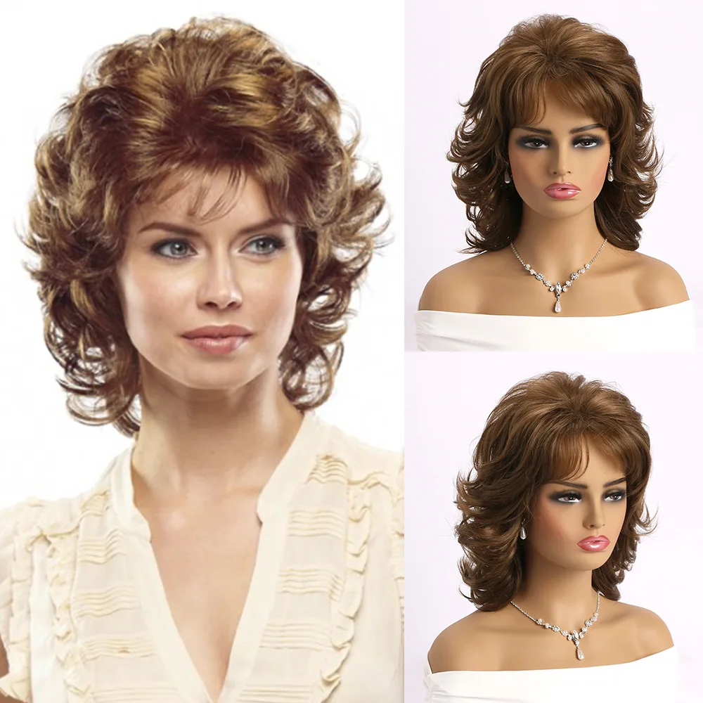 European and American  Women's Wigs Synthetic Curly Wig For Brown Hair Slanted Bangs Fluffy Short Wave Curly Fashion Head Cover