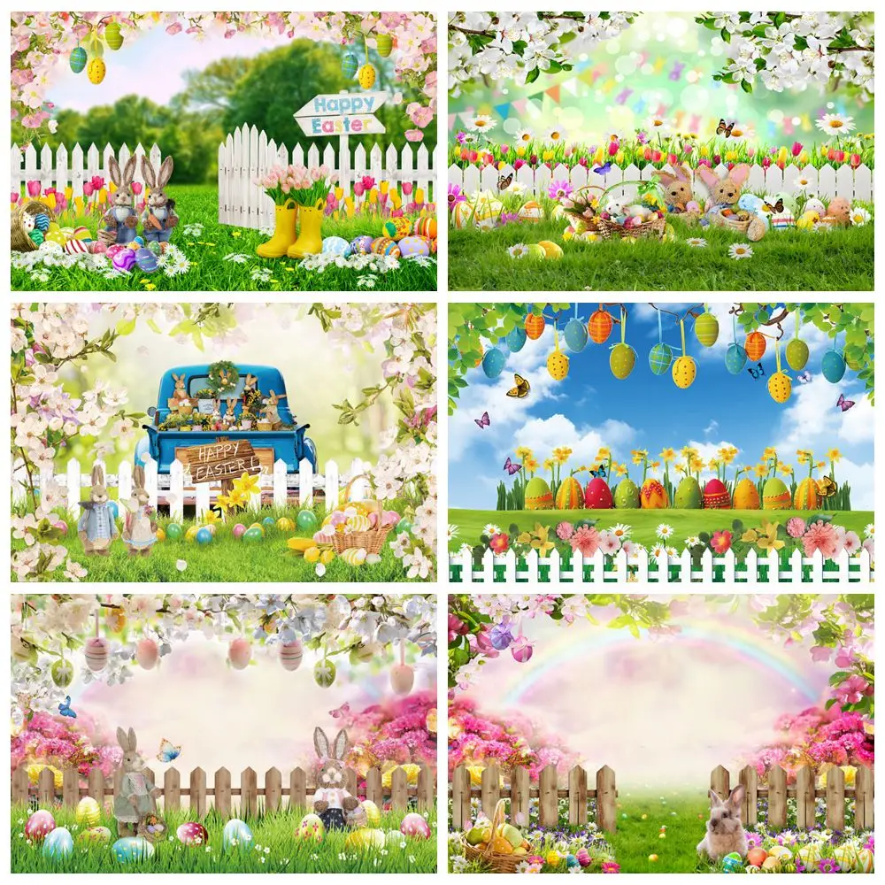 

Easter Backdrop Spring Garden Rabbit Fence Green Grass Colorful Eggs Bunny Floral Newborn Easter Party Photography Background