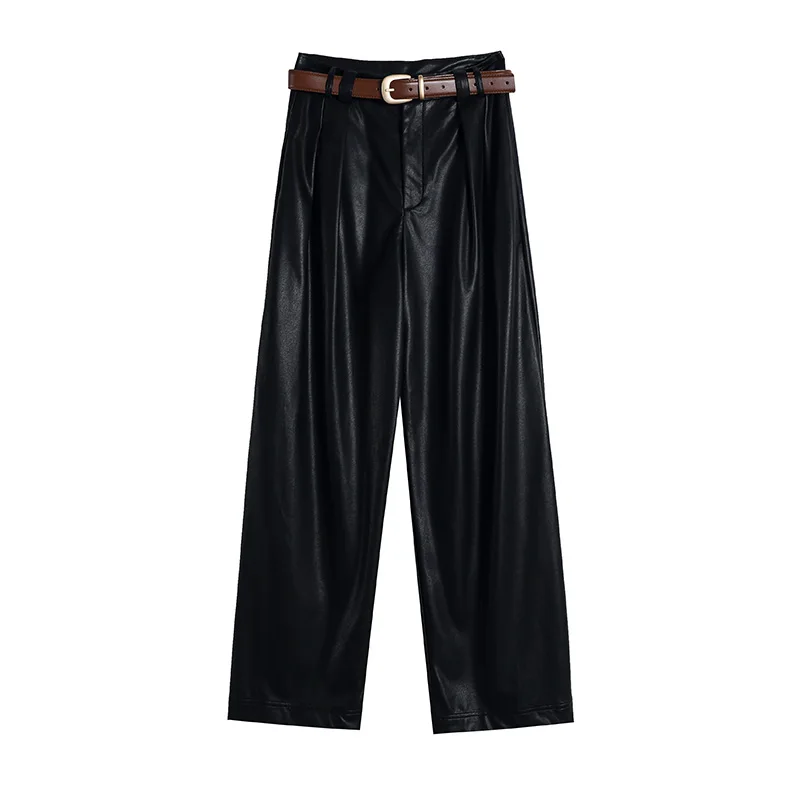 QOERLIN Women PU Leather Pants with Belt 2024 Fall Winter Velvet Wide Leg High Waist Trousers Loose Casual Elegant Pants Fashion