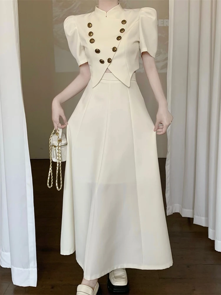 

New Korean Summer Small Fragrant Puff Sleeve Stand Collar Double Breasted Jacket + High Waist Skirt Women Two Piece Outfits 2023
