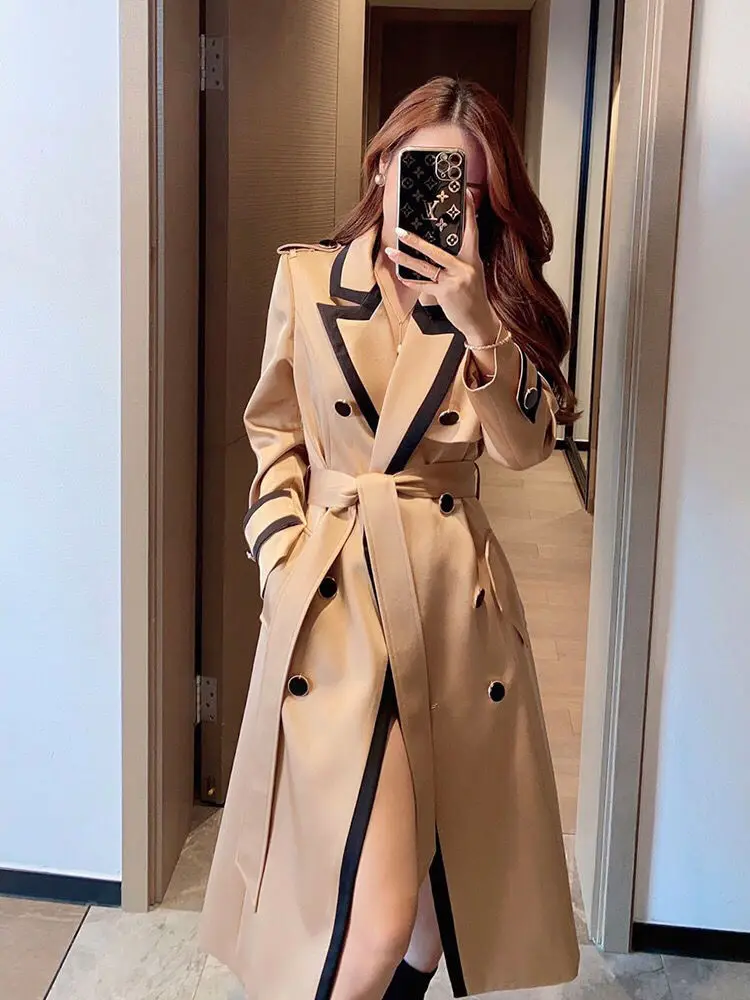 Women's Coat Spring Autumn Windbreaker Khaki Jacket Female Stitching Windproof Long Ladies Cloak High-end Custom Trench Coat New hooded puffer jacket