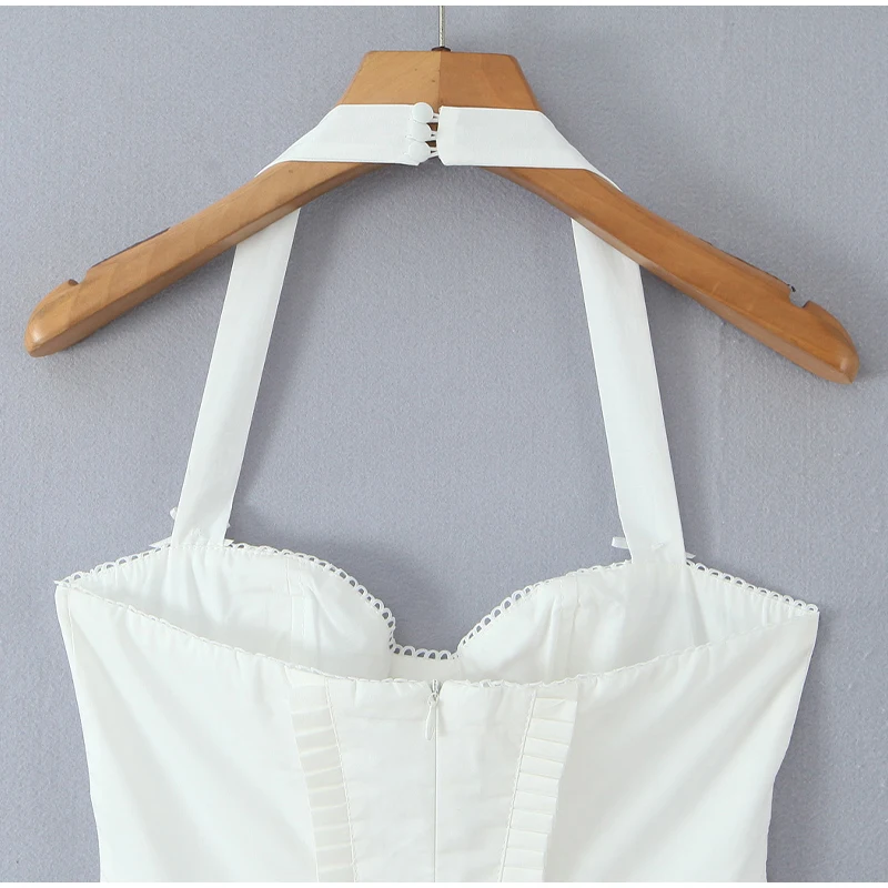 Damen Neckholder-Minikleid mit Knopfleiste, Taschen und Plissee-Saum, Figurbetonte Kleider 2026, Frühling Sommer Strand Urlaub Vestidos – Detail 4