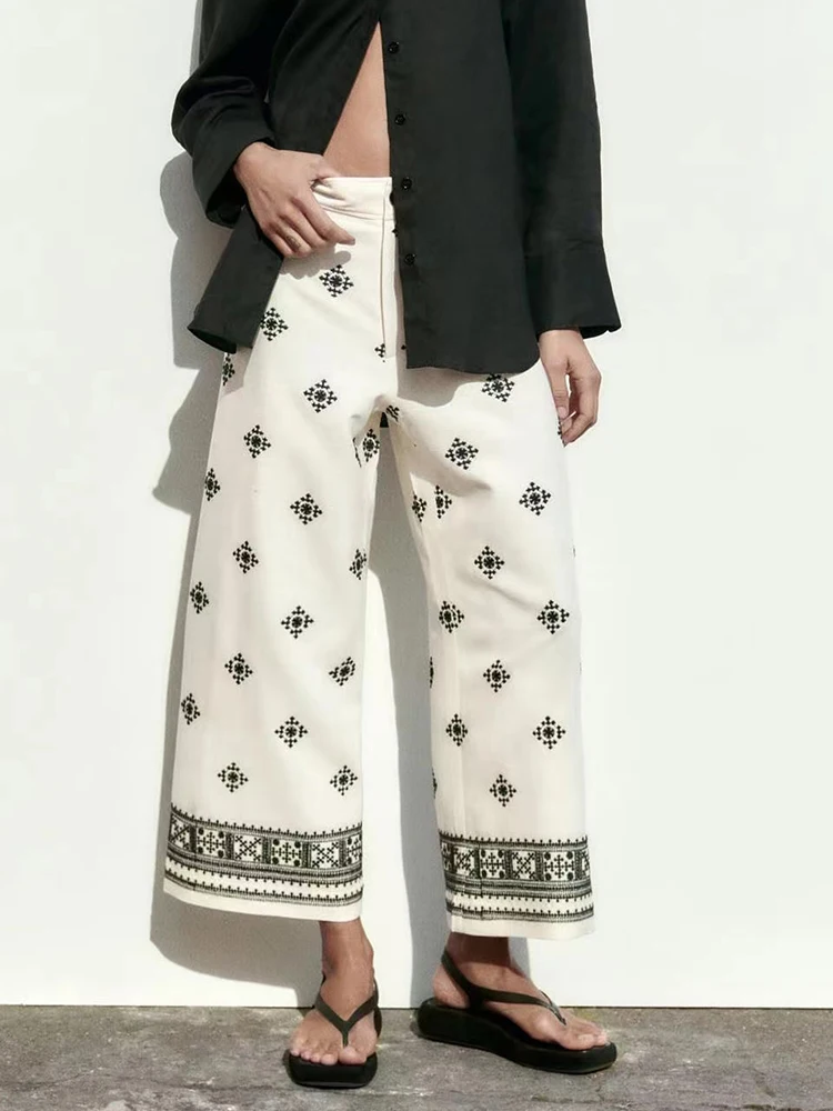 

Women's Linen Embroidery Wide Leg Pants Casual Baggy High Waist Zipper Straight Pants Spring Summer New Vintage Trousers Female
