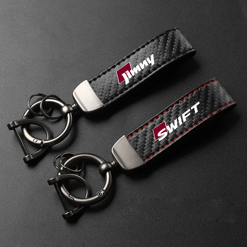 Car Carbon Fiber Leather Keychain Horseshoe Buckle Jewelry For Suzuki Swift Jimny Sx4 Alto Ciaz Car Accessories