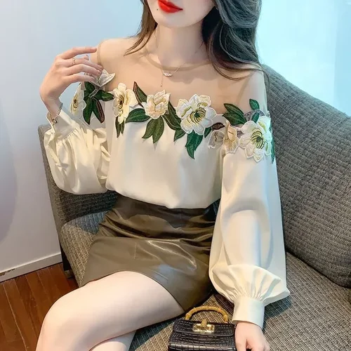 꽃 프린트 패치워크 얼룩 셔츠, 우아한 레이스 긴팔 셔츠, 한국 스타일 블라우스, 봄 여름 패션, 2023 4