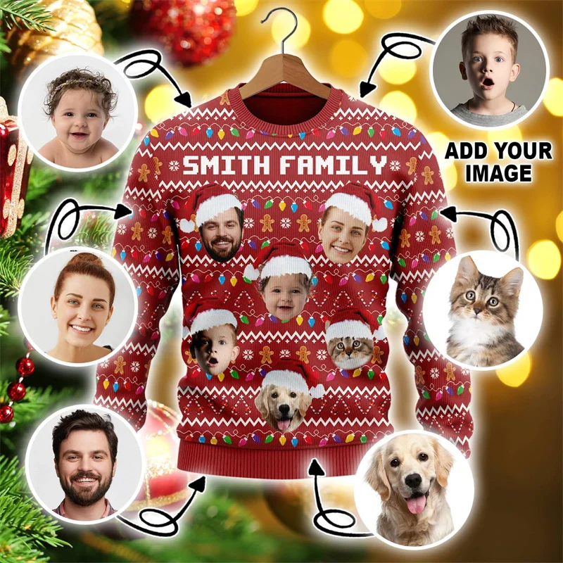 Funny Custom Photo 3D Printed Ugly Christmas Sweater For Women Clothes Customize Face Pullovers Diy Image Sweatshirt Gift Tops