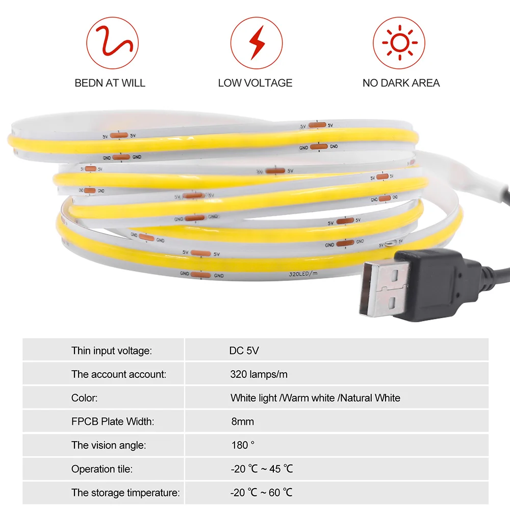 New 5V USB COB Strip Light 320Leds/m Warm Natural White Cabinet Lamp Night Lighting Flexible LED Ribbon Stripe DC5V TV Backlight 2