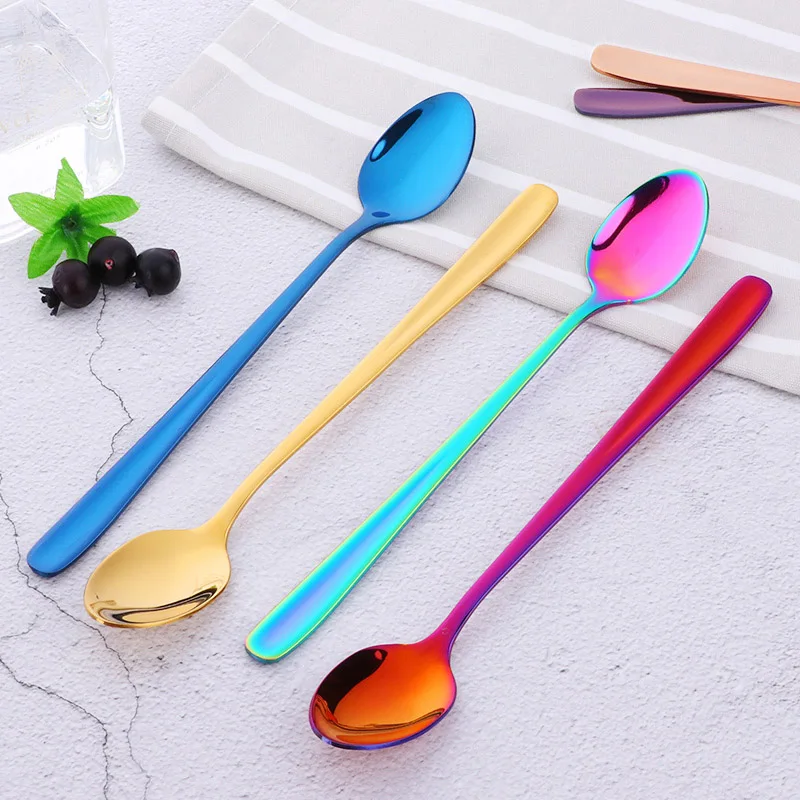 Buyer Star 8-Piece Stainless Steel Ice Cream Spoon Iridescent Rainbow Long Handle Dessert Tea Coffee Gold Colorful Scoops