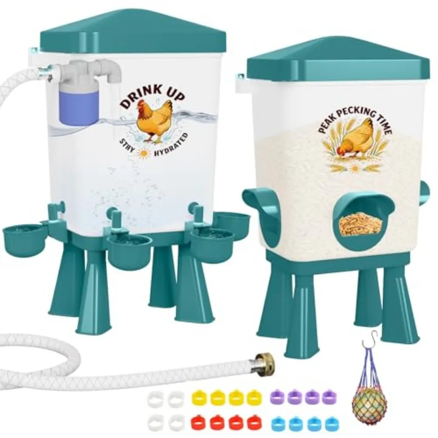 3 Gallon Chicken Feeder and Waterer Set, Large Chick Water with Automatic Float Valve, No Waste Poultry Feeding and Watering Sy