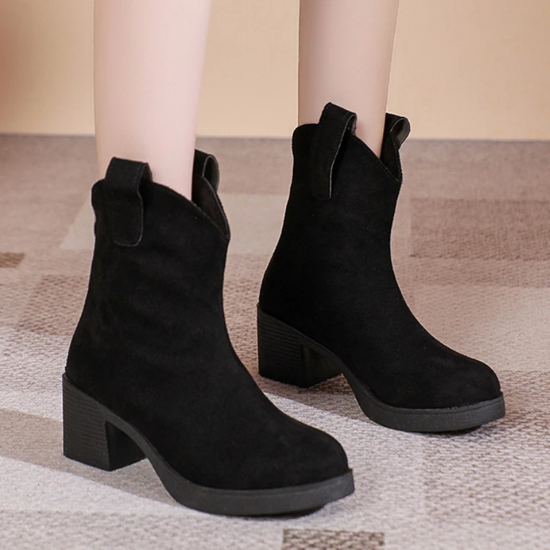 

Женская обувь 2023 высококачественные женские сапоги на молнии зимние замшевые плюшевые флисовые теплые модные сапоги на среднем каблуке