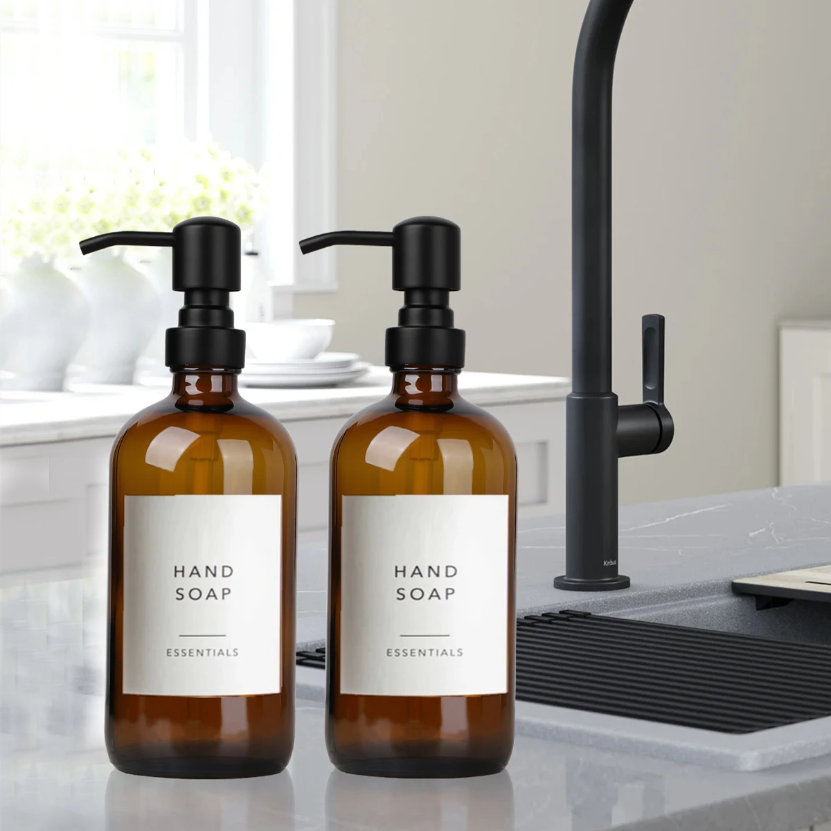 Amber Glass Soap Dispenser with Black Pump, Liquid Hand Soap Dispenser for Bathroom, Kitchen Dish Soap Dispenser, 2pc 16Oz 500ml 5
