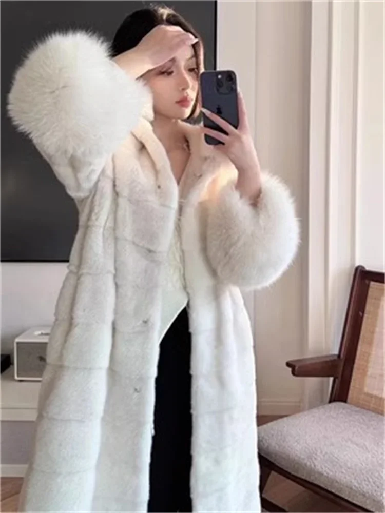 2024Autumn Winter New Imitation Fox Fur Collar Environmental Protection Fur Coat Female Rabbit Fur Plush Hooded Mid Length Coats