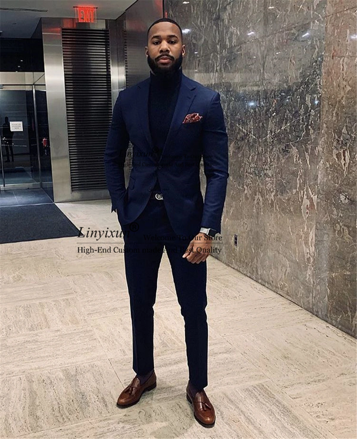 Fashion Navy Blue Men Suits For Wedding Slim Fit Groom Tuxedo Notched