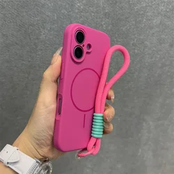 Premium Candy Liquid Silicone MagSafe Case with Soft Shockproof Magnetic Lanyard Strap Cover for iPhone 18 Pro (Pitaya Pink)