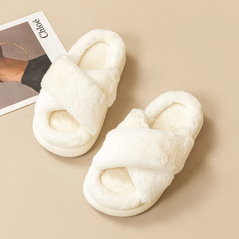 Casual Fluffy Slippers Women Home Flats Designer Winter Shoes Girls New Fashion Platform Slippers House Warm Footwear Large Size 6