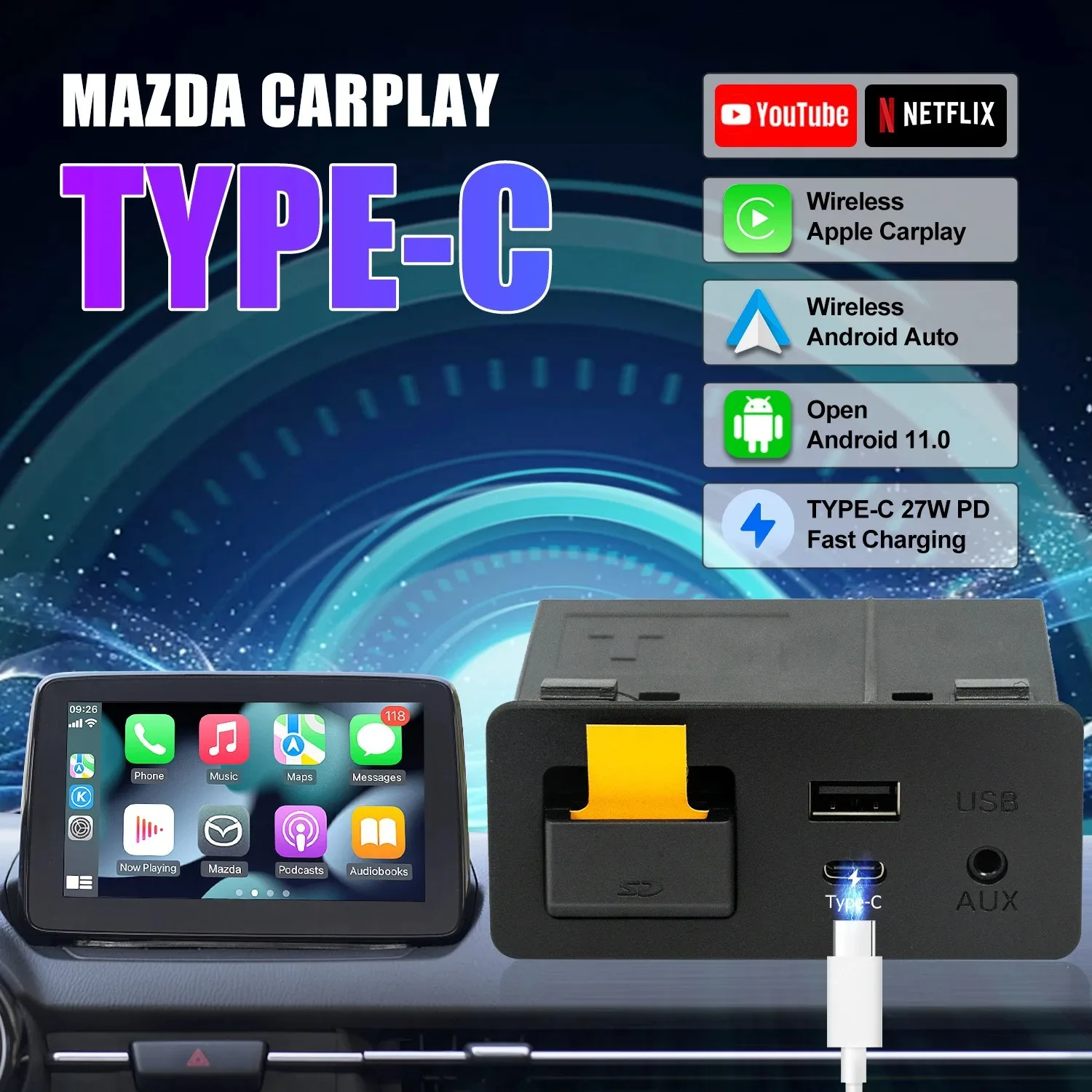 Type-c   Apple CarPlay ȵ̵ ڵ  Bluetooth WIFI (Retrofit Mazda 2 3 6 CX30 CX5 CX8 CX9 MX5)