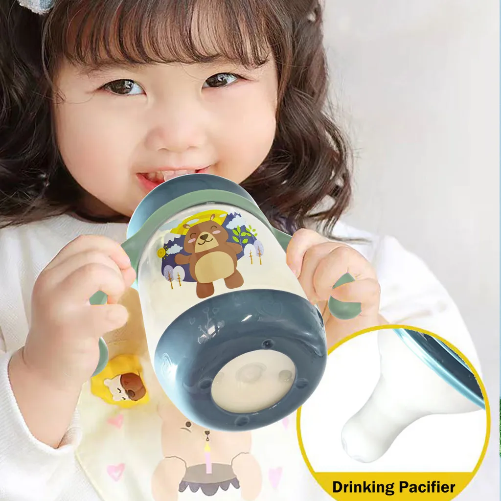 240ml Cartoon Chicken Baby Bottle with Dual Handles and Scale Line, Includes Cute Dust-proof Cover