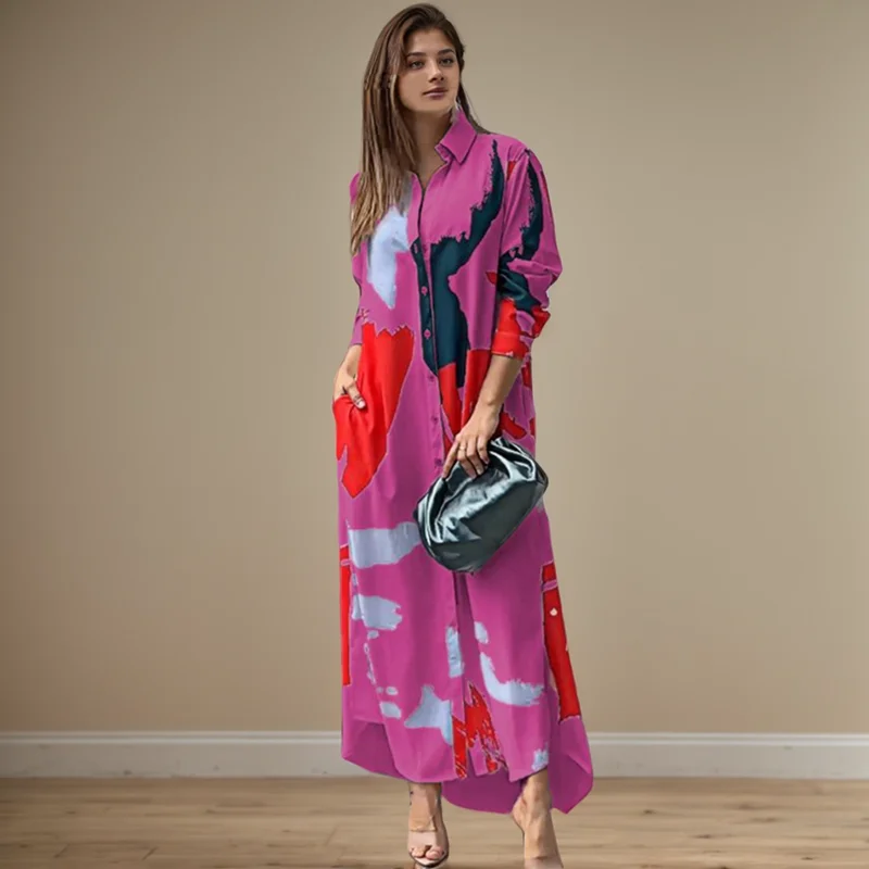 Fashion Sexy Side Split Turn Down Collar Shirt Long Dress Elegant Temperament Printed Long Sleeve Pocket Single Breasted Dress 6