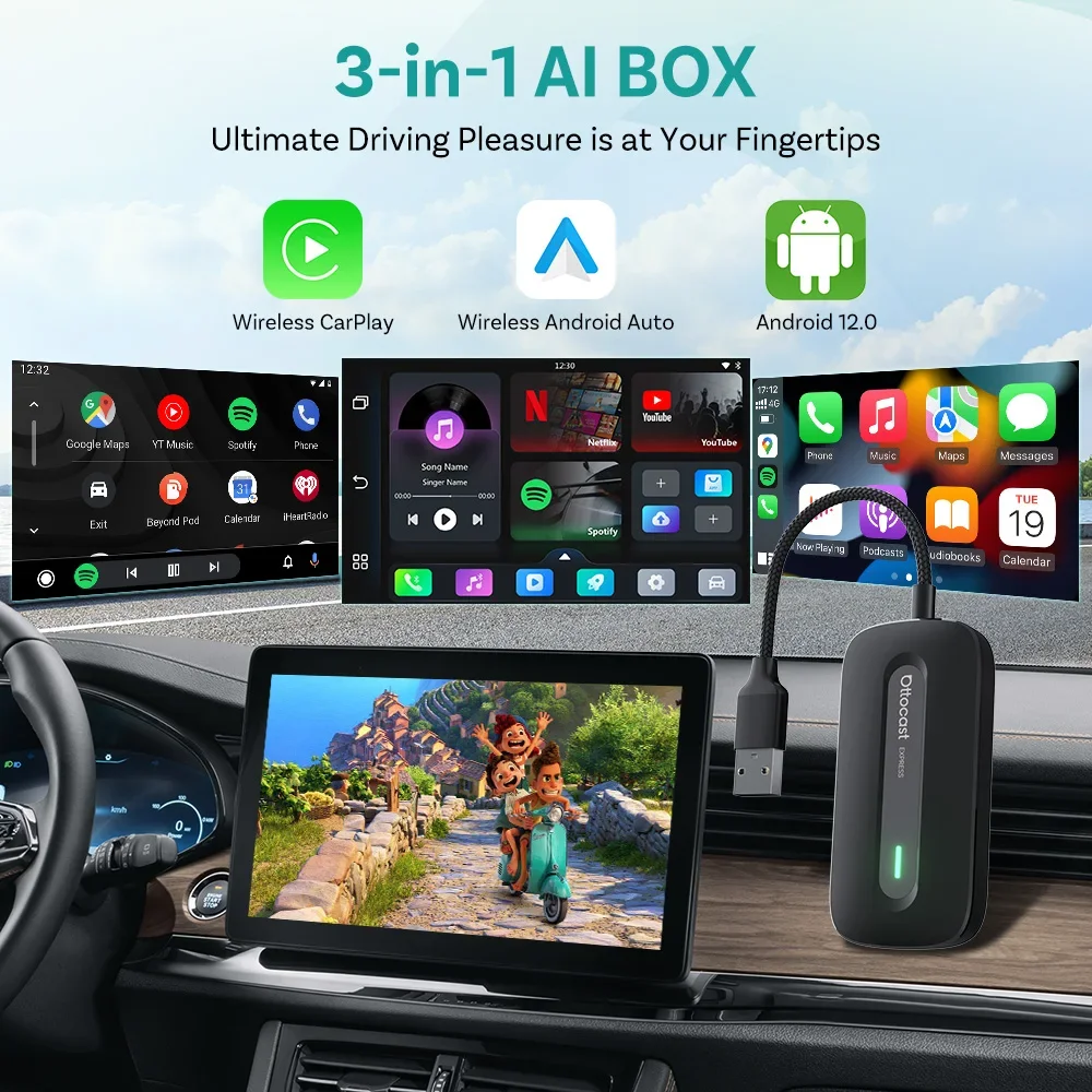 Ottocast Play2Video Pro Ai Box Wireless CarPlay Android Auto Adapter Built in Youtube Netflix IPTV for Car with Wired Carplay