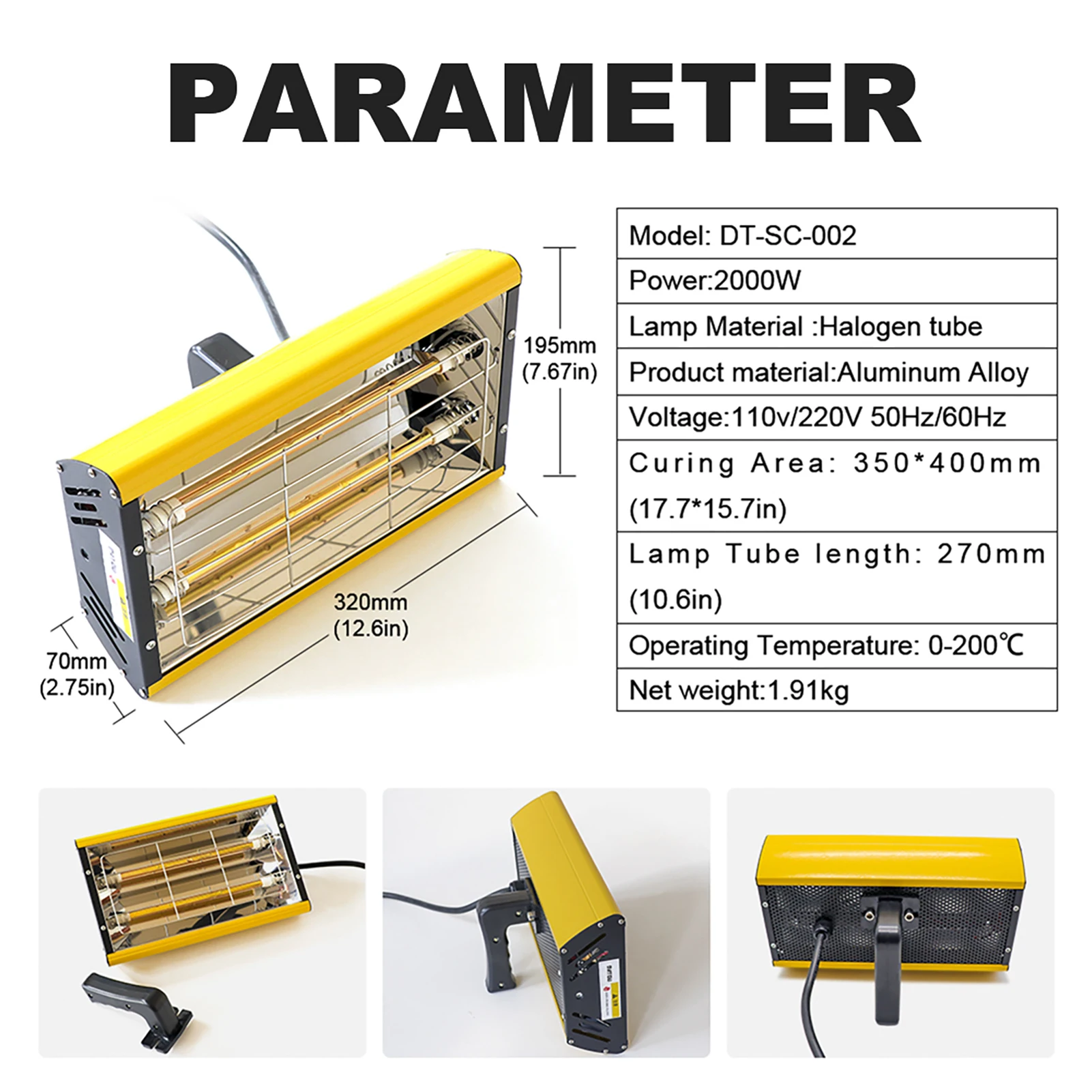 DATOUBOSS 1000W Handheld Infrared Paint Curing Lamp – Shortwave IR Paint Dryer For Auto Body Repair, 220V