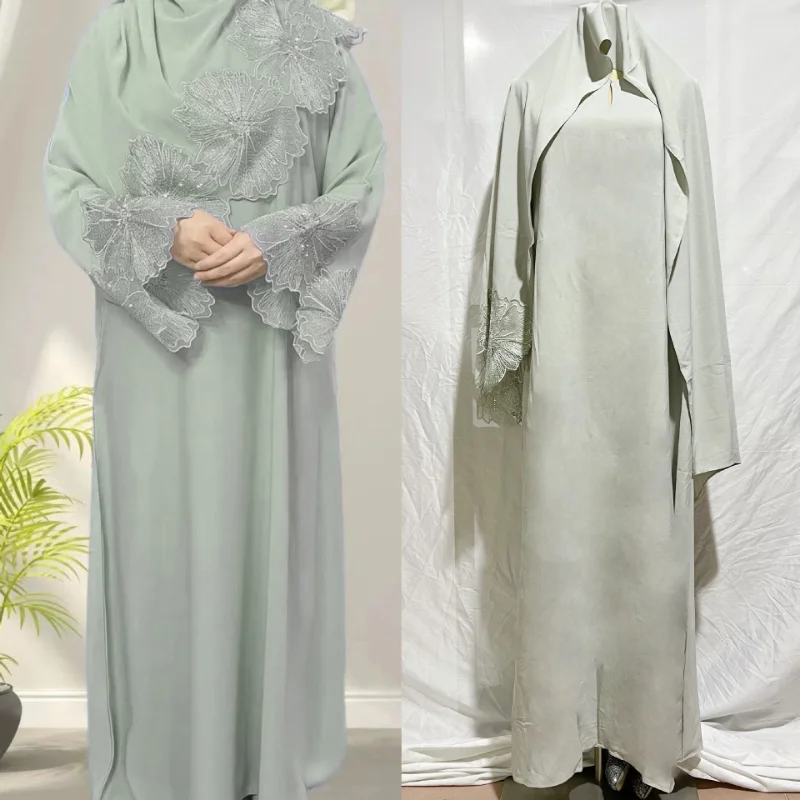2023 Islam Ramadan Abaya Solid Color Prayer Dress Robe Femme Musulmane Malaysia Indonesian Ladies Dress with Headscarf