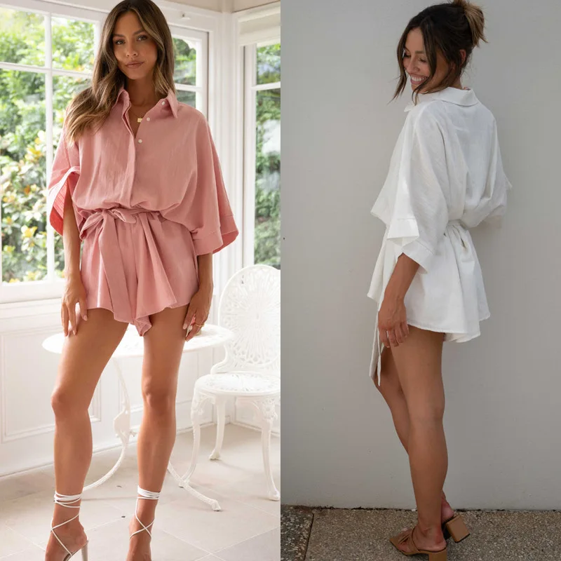 

Женский однотонный короткий комбинезон, элегантный однобортный комбинезон на шнуровке с лацканами, повседневные Свободные Комбинезоны со средним рукавом, лето 2023