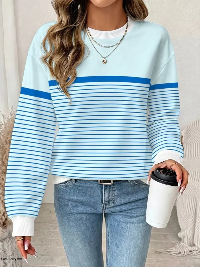 Women's Long Sleeved Round Neck Daily Casual Versatile Pullover Tops 3D Striped Splicing Regular Sweatshirt