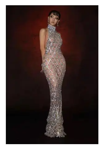 

Блестящее блестящее Серебряное платье с блестками без рукавов для дня рождения, свадьбы, стрейчевое Сетчатое прозрачное танцевальное платье