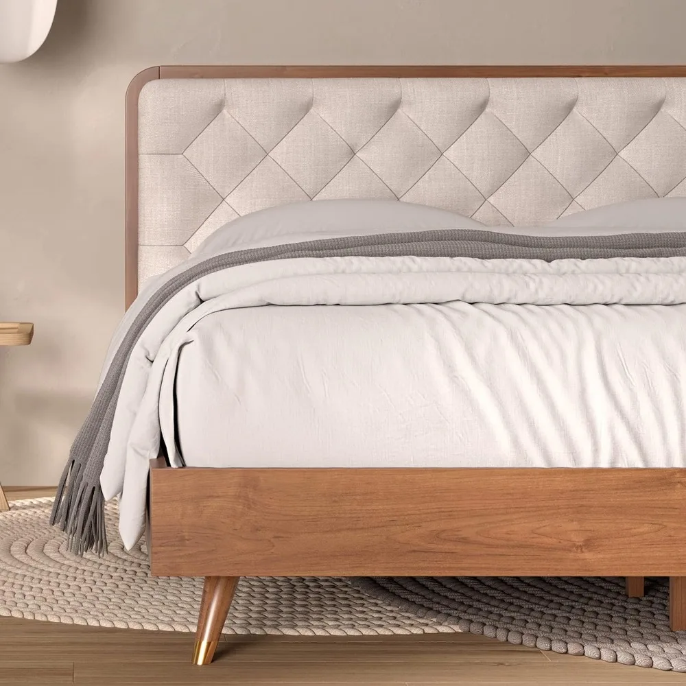 Mid Century Modern Solid Wood Queen Bed Frame Frame with Tufted Headboard, Beds Frames 5